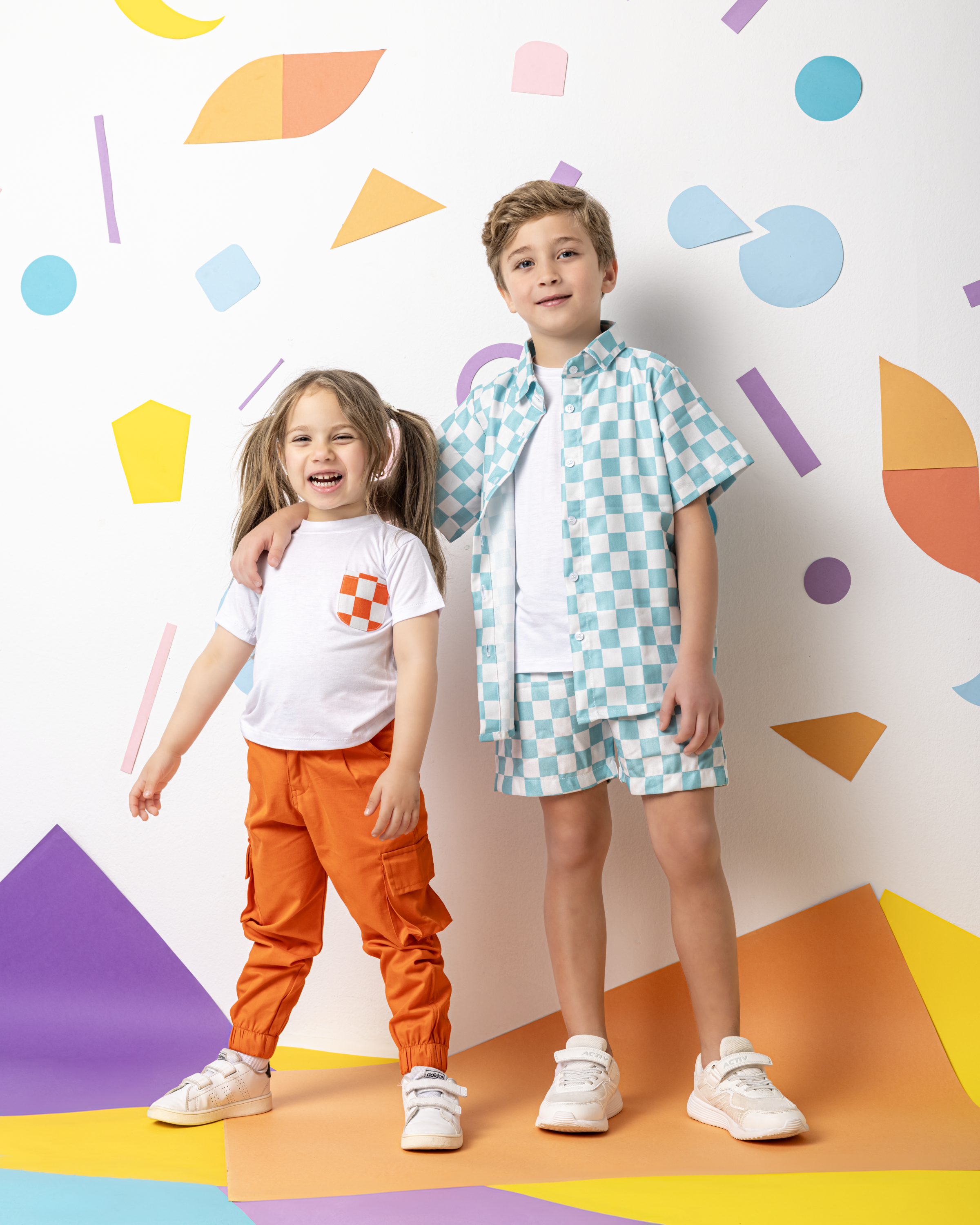 Cotton T-Shirt with Orange X White Squares Pocket