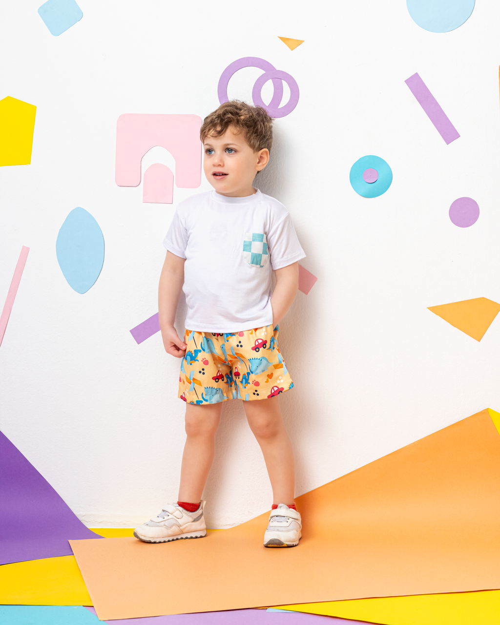 Cotton T-Shirt with Blue X White Squares Pocket