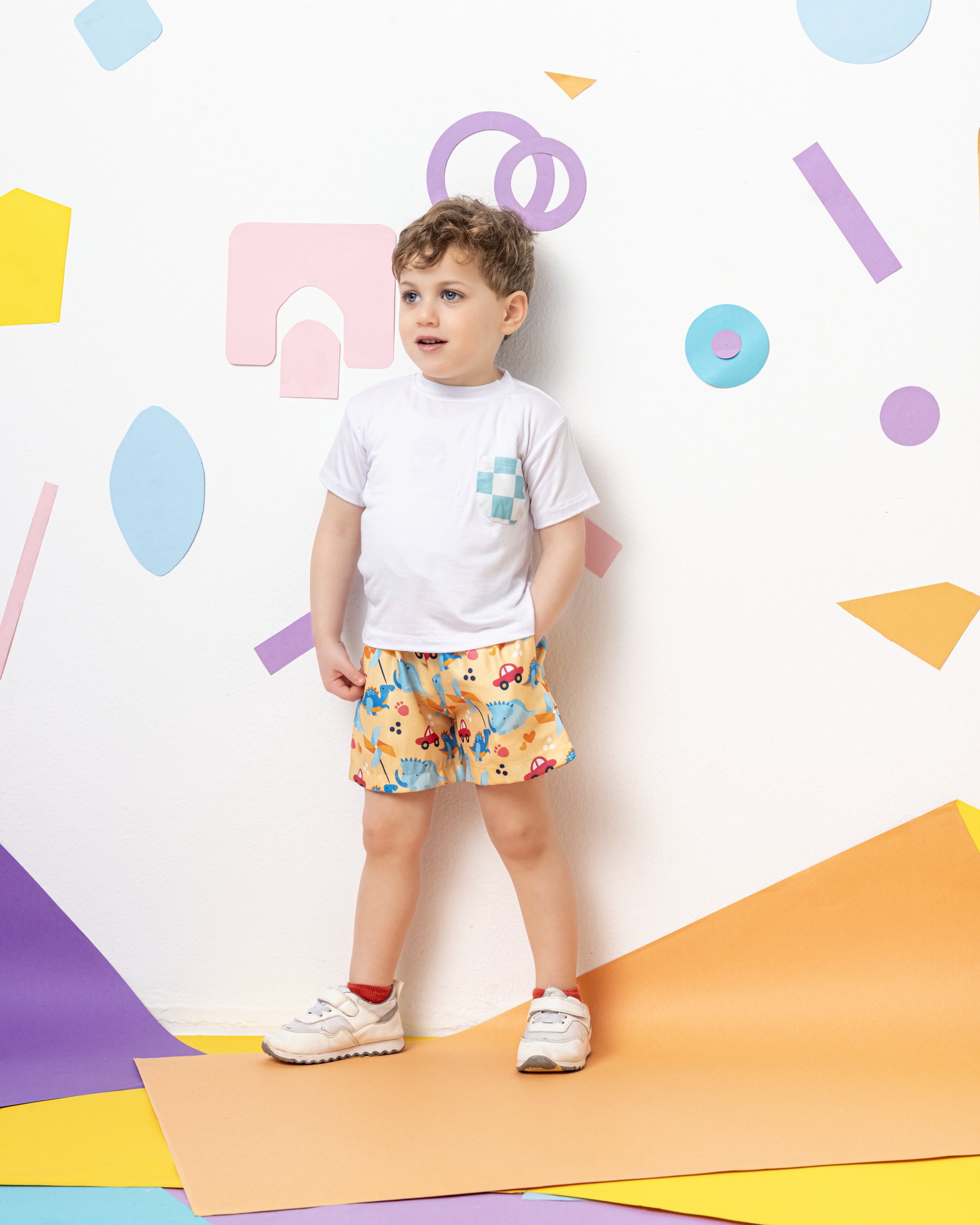 Cotton T-Shirt with Blue X White Squares Pocket