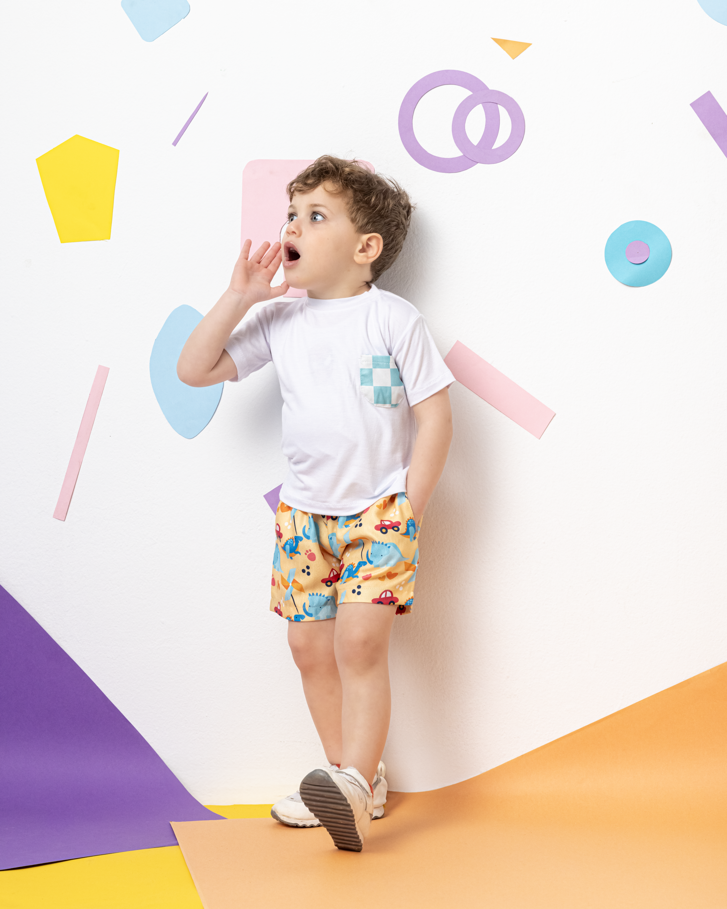 Cotton T-Shirt with Blue X White Squares Pocket