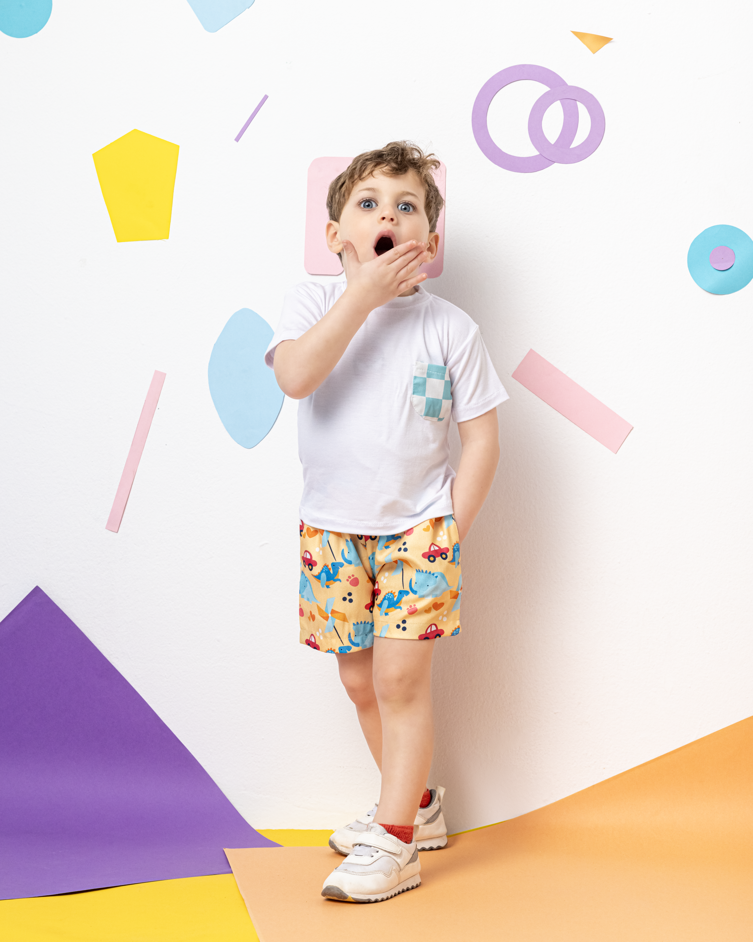 Cotton T-Shirt with Blue X White Squares Pocket