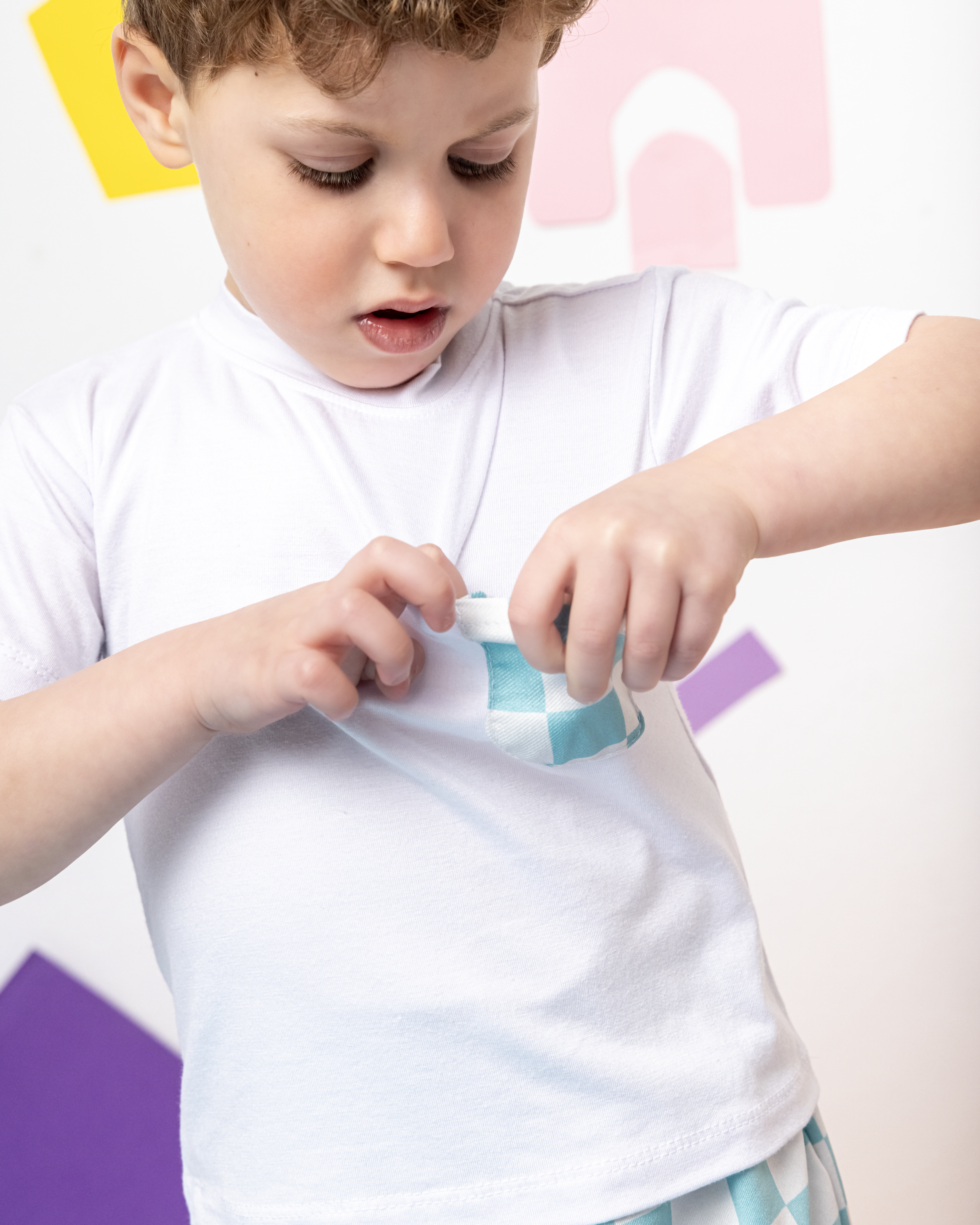 Cotton T-Shirt with Blue X White Squares Pocket