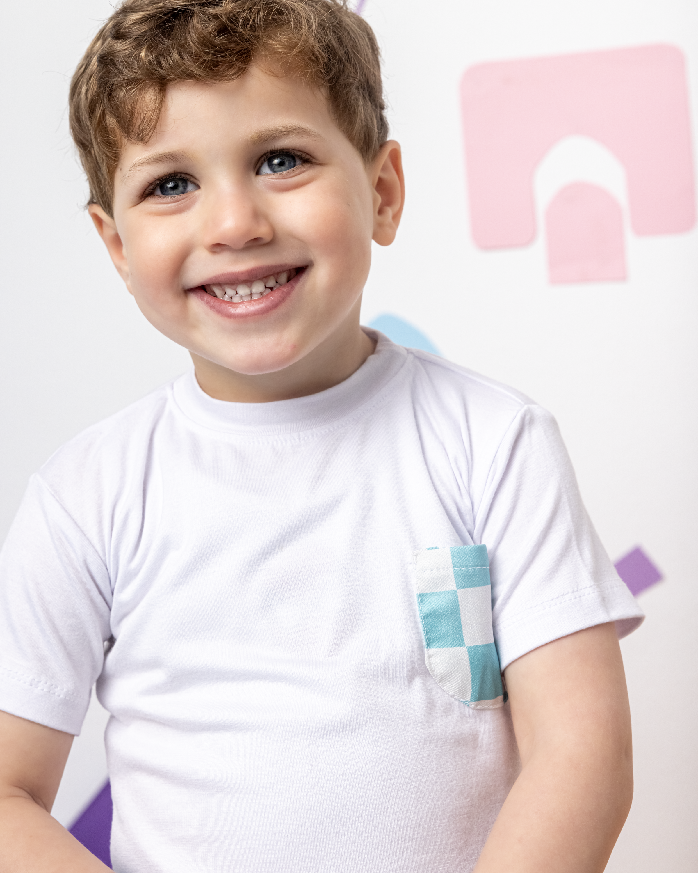 Cotton T-Shirt with Blue X White Squares Pocket