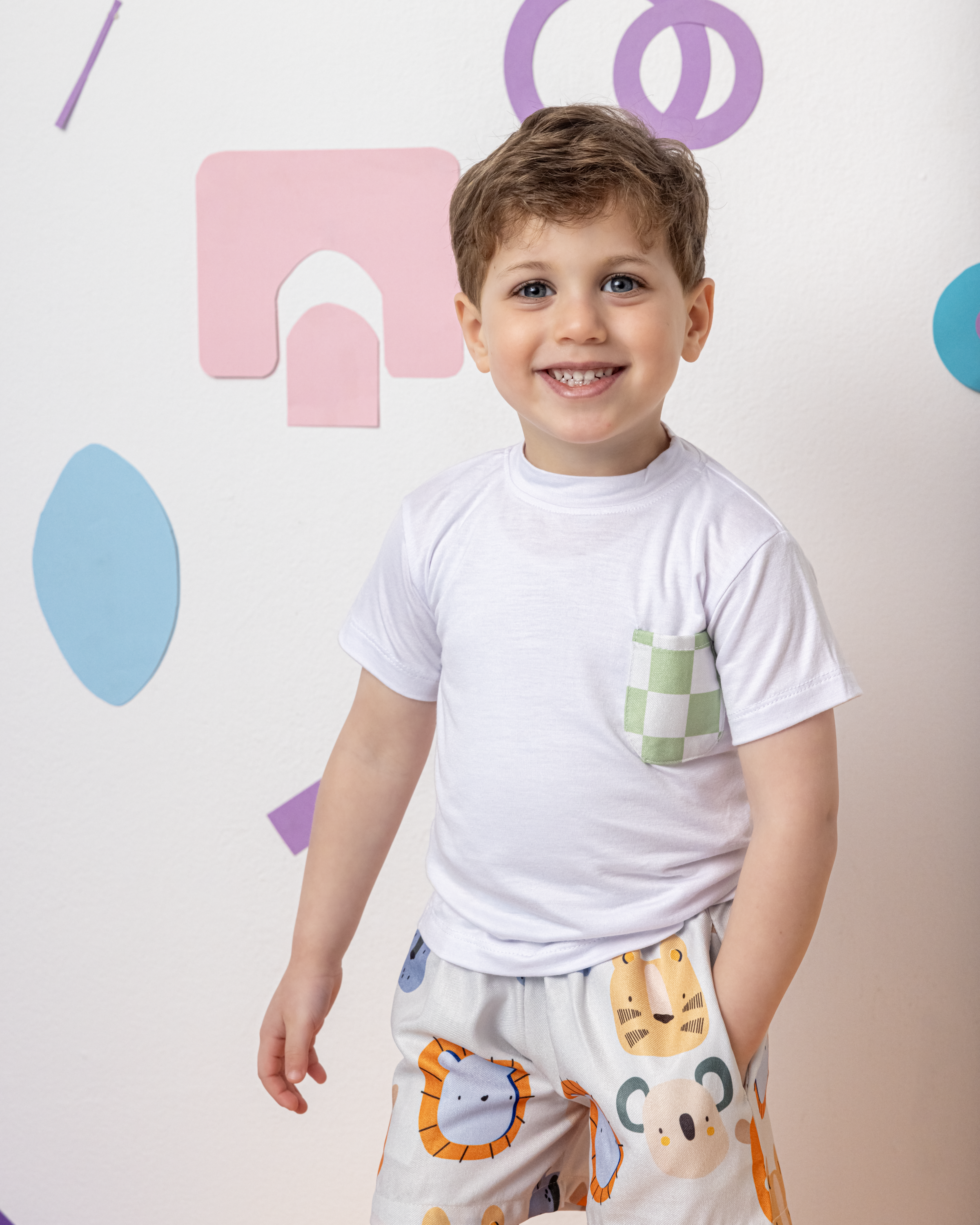 Cotton T-Shirt with Green X White Squares Pocket