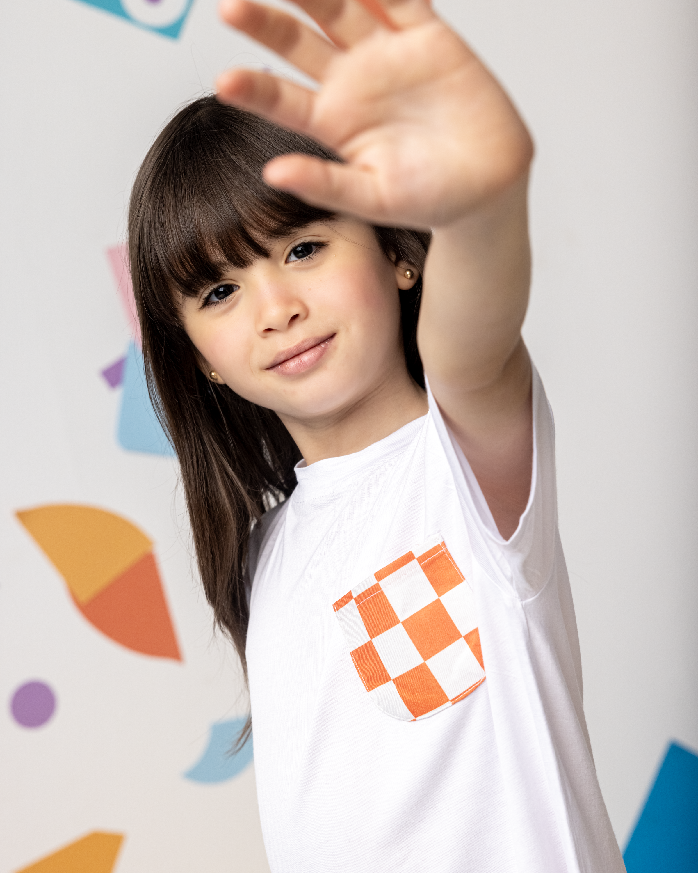 Cotton T-Shirt with Orange X White Squares Pocket