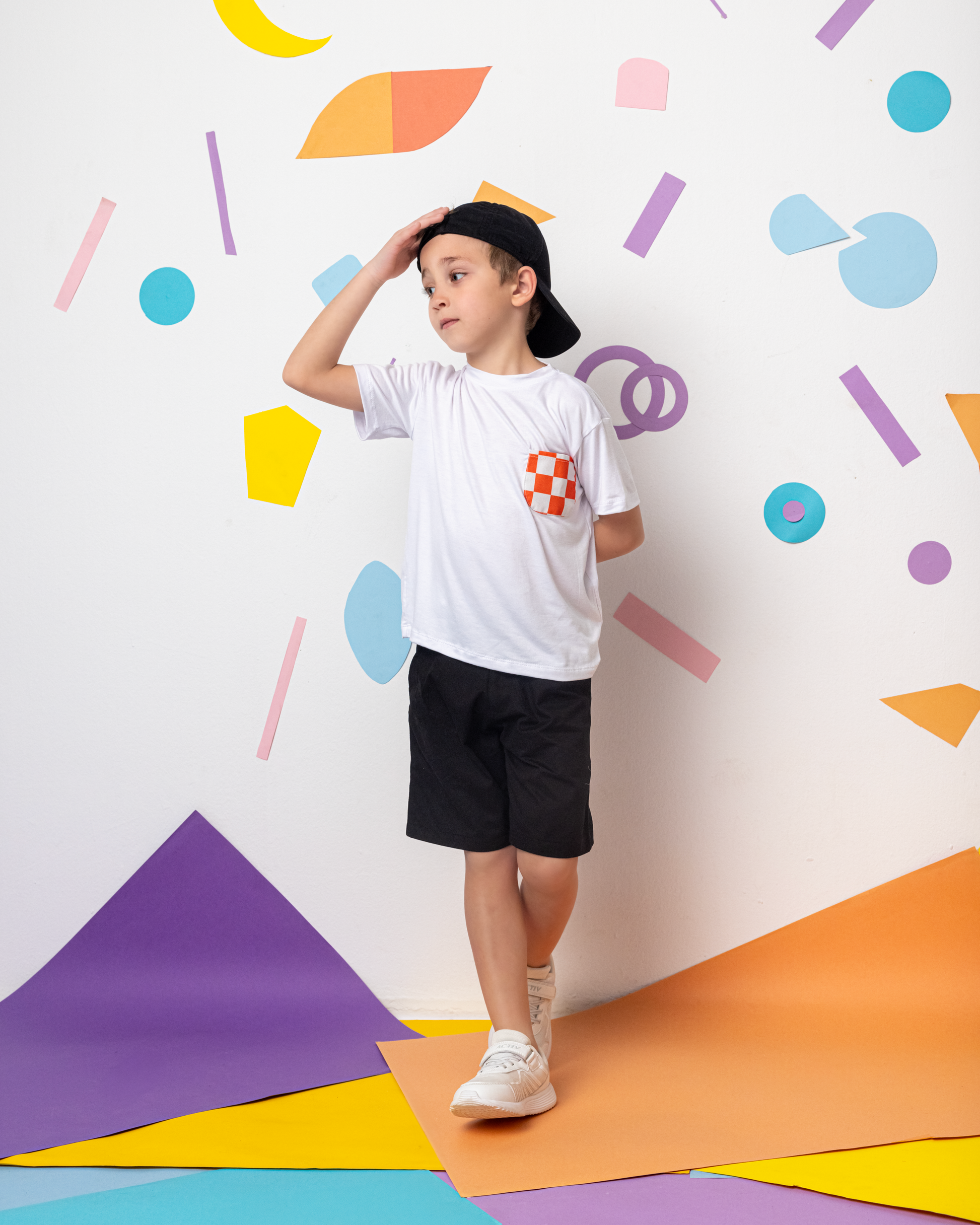 Cotton T-Shirt with Orange X White Squares Pocket