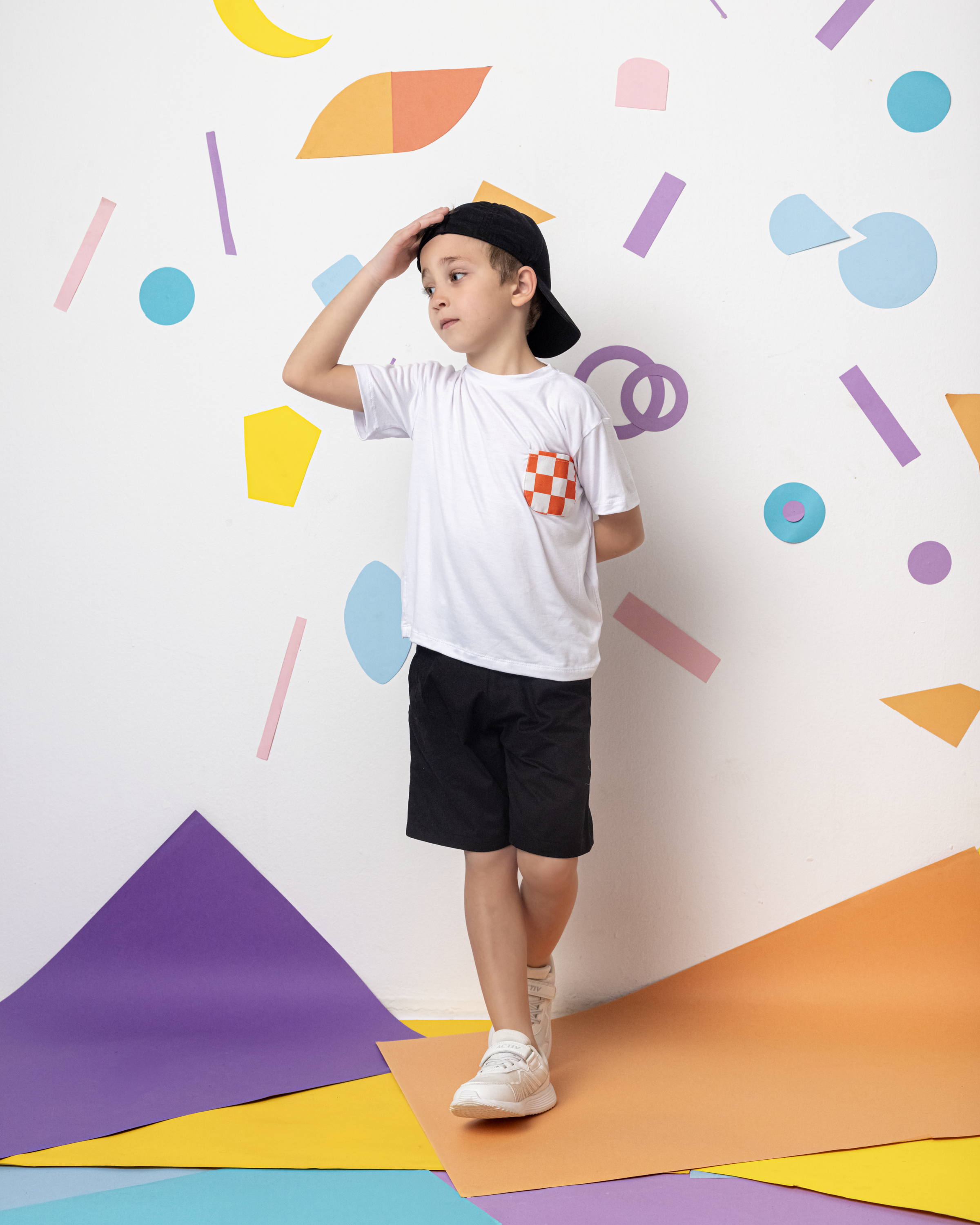 Cotton T-Shirt with Orange X White Squares Pocket