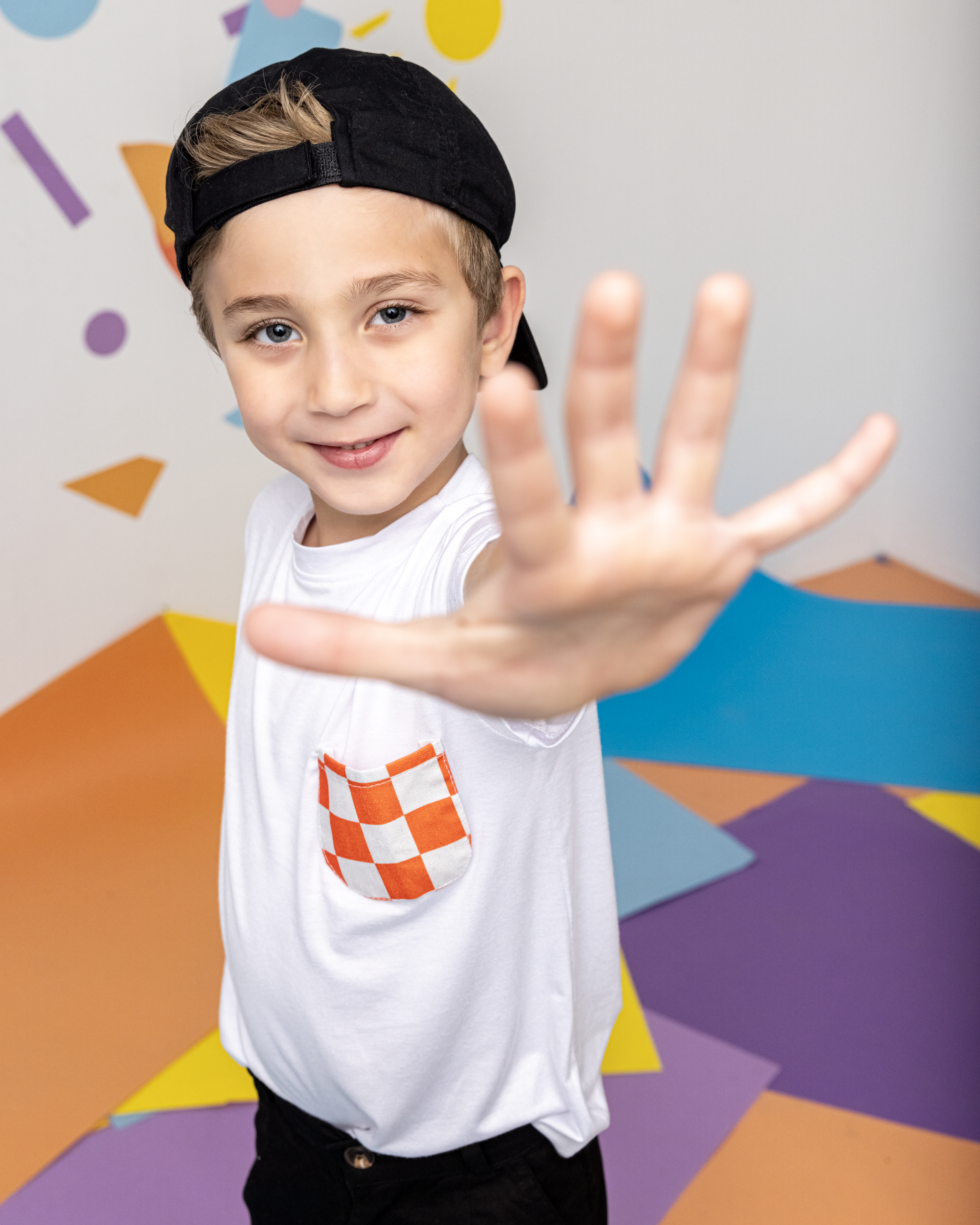 Cotton T-Shirt with Orange X White Squares Pocket