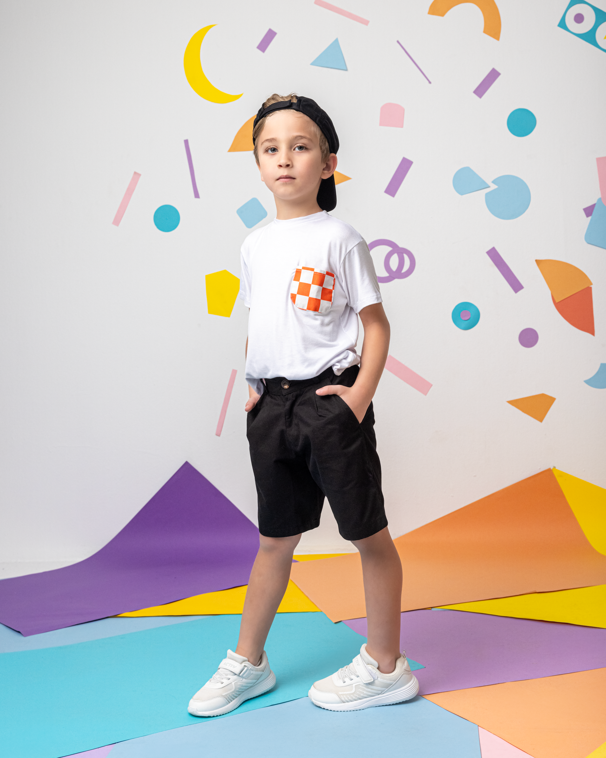 Cotton T-Shirt with Orange X White Squares Pocket