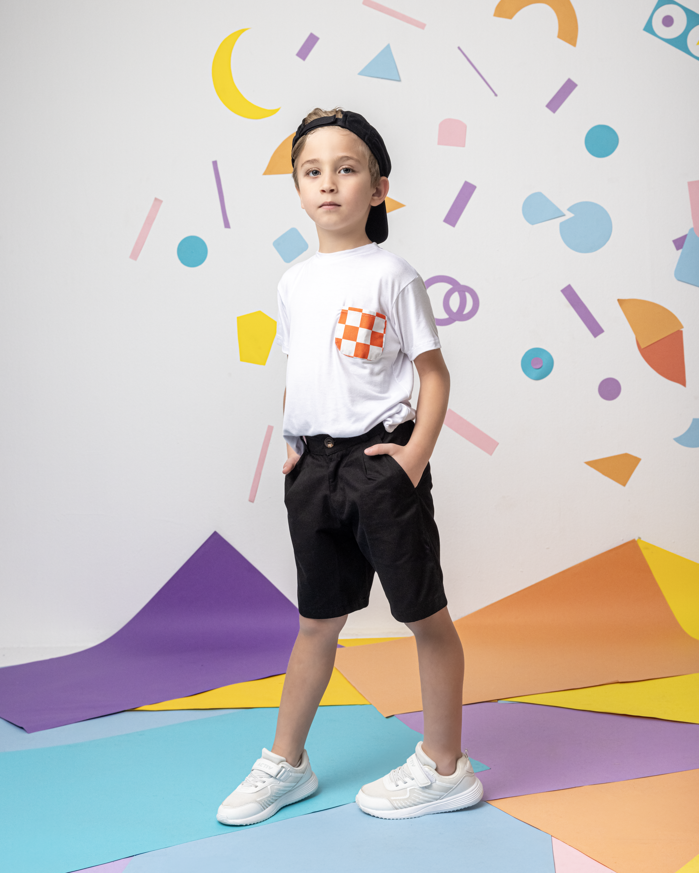 Cotton T-Shirt with Orange X White Squares Pocket