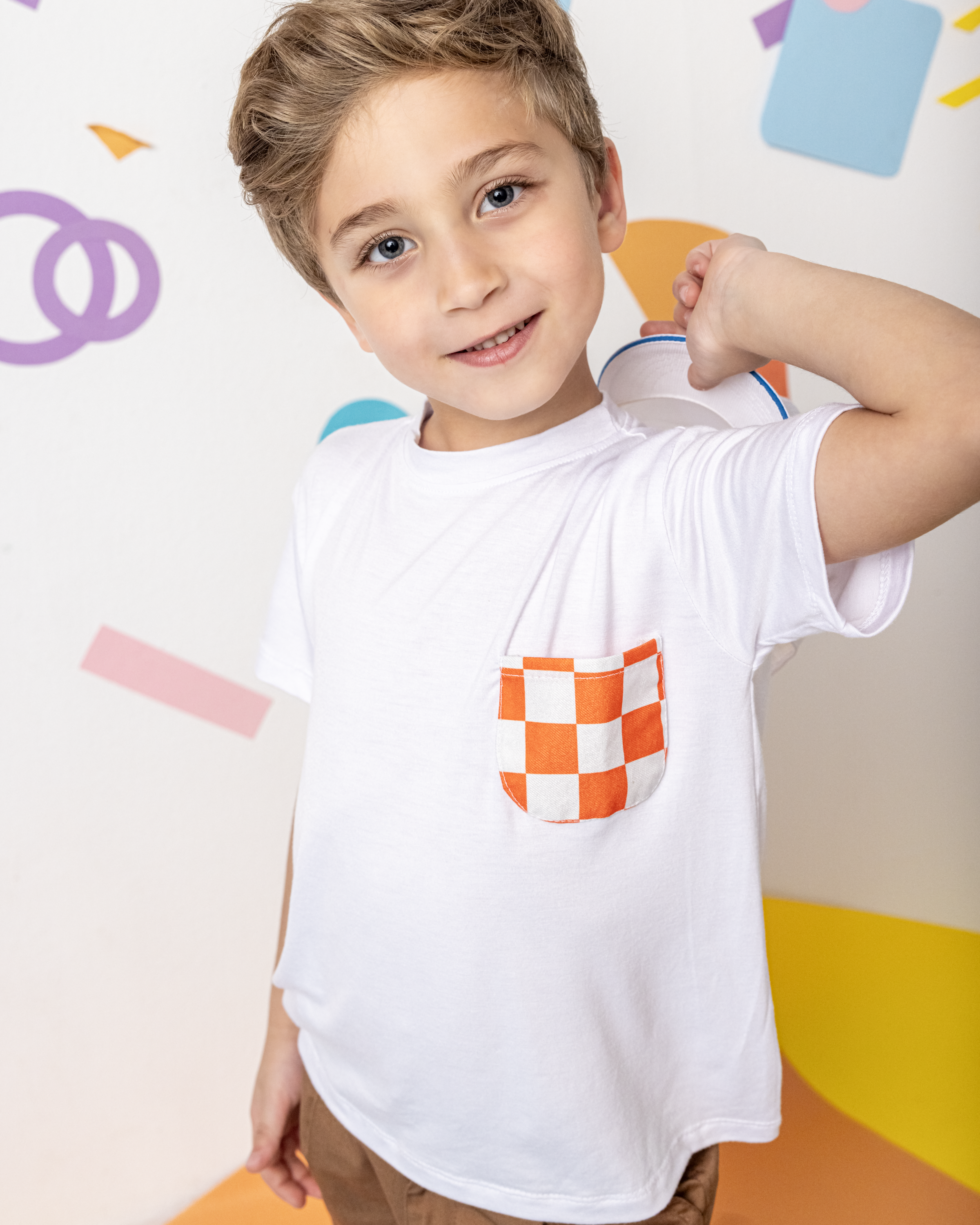 Cotton T-Shirt with Orange X White Squares Pocket