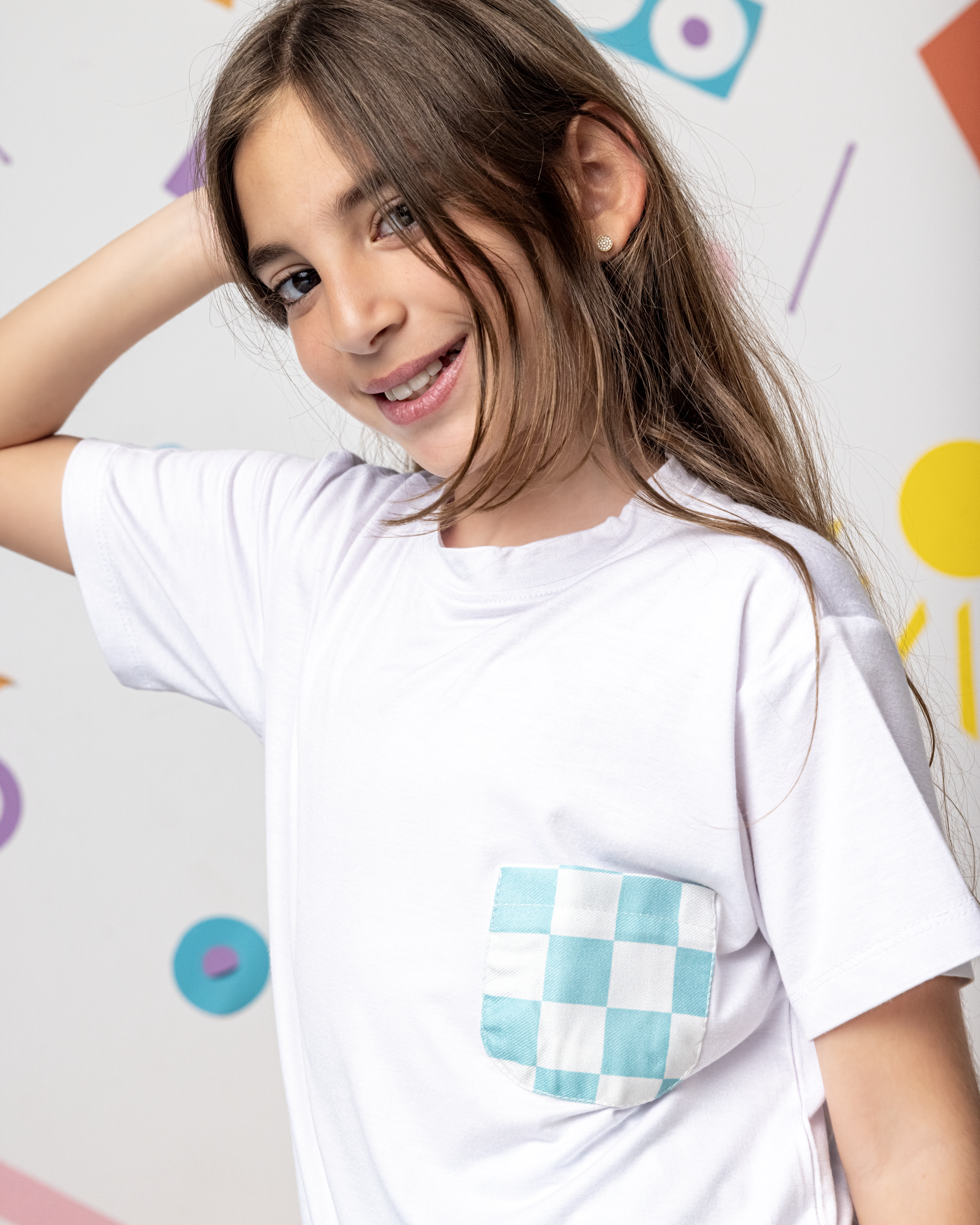 Cotton T-Shirt with Blue X White Squares Pocket