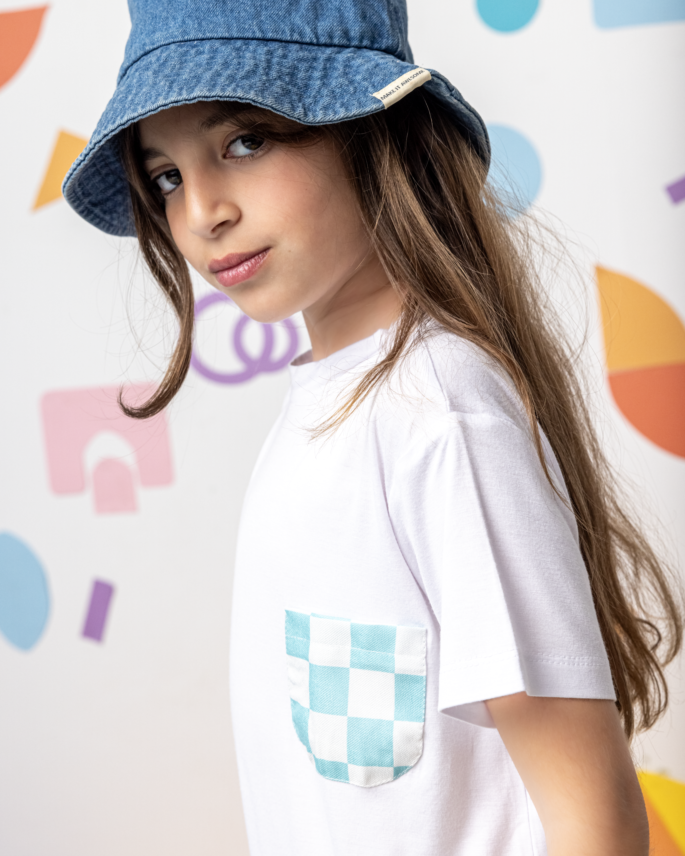Cotton T-Shirt with Blue X White Squares Pocket