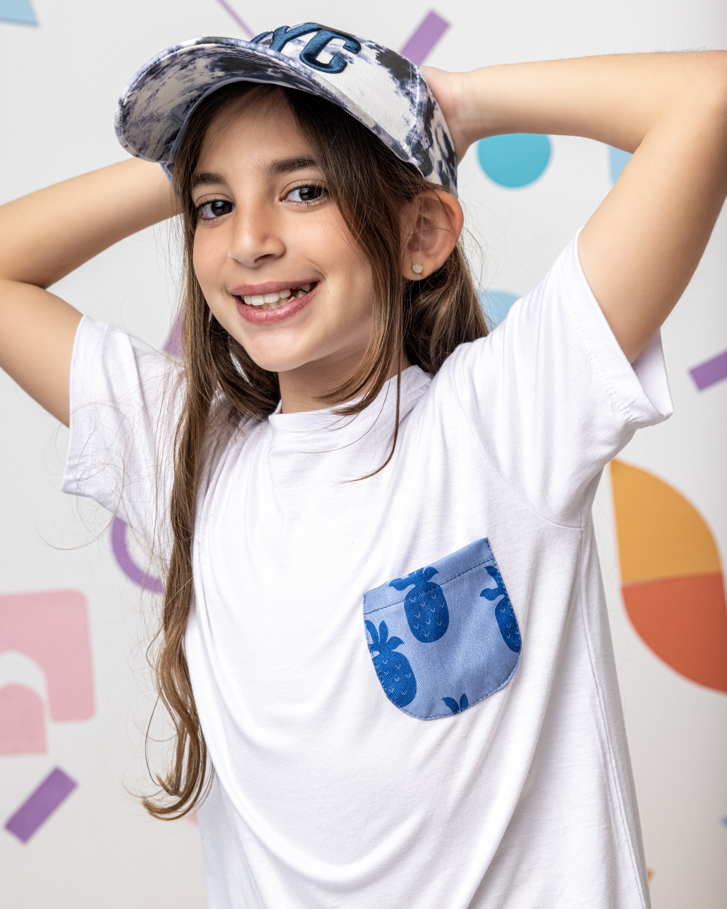 Cotton T-Shirt with Blue Pineapple Pocket