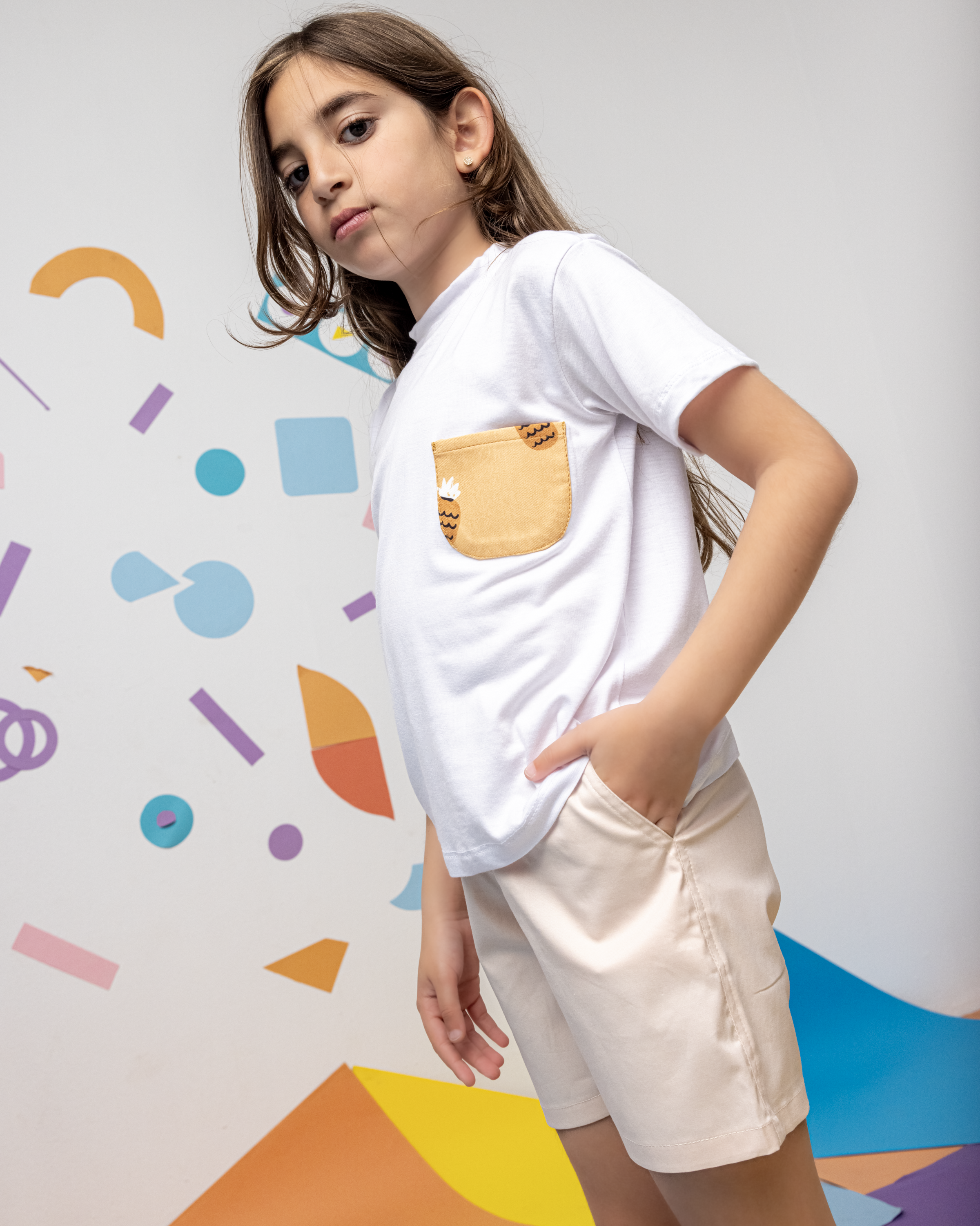 Cotton T-Shirt with Yellow Pineapple Pocket